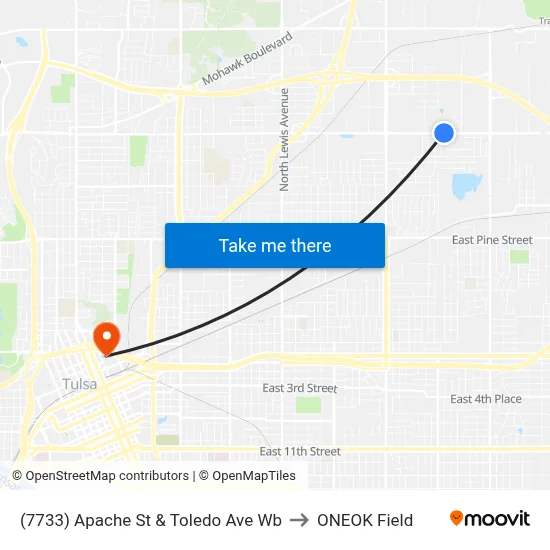(7733) Apache St & Toledo Ave Wb to ONEOK Field map