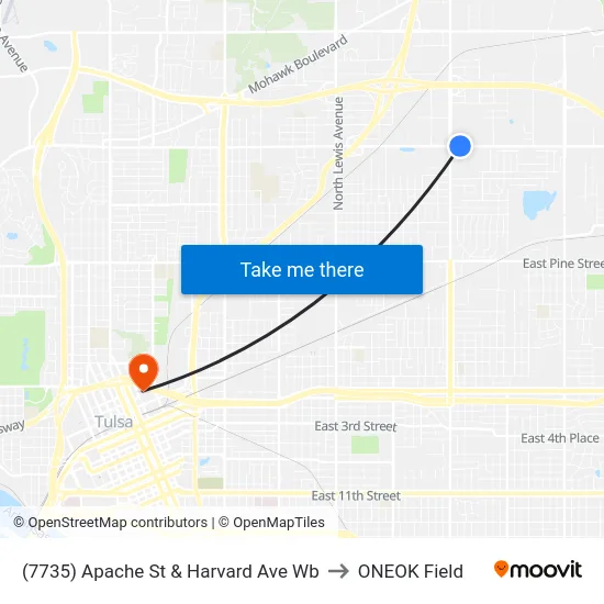 (7735) Apache St & Harvard Ave Wb to ONEOK Field map