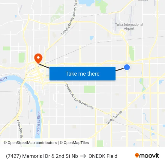 (7427) Memorial Dr & 2nd St Nb to ONEOK Field map