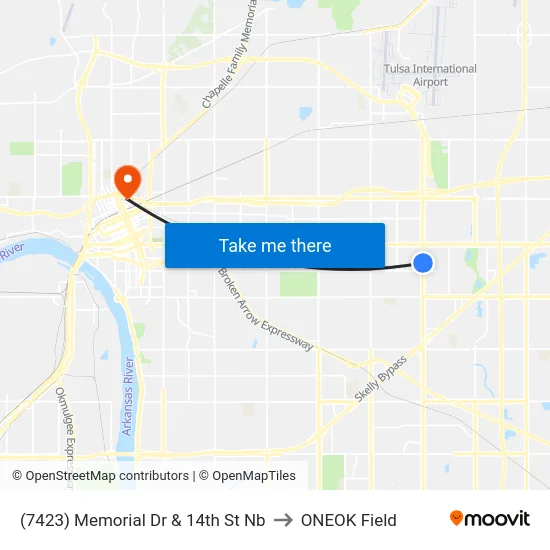 (7423) Memorial Dr & 14th St Nb to ONEOK Field map