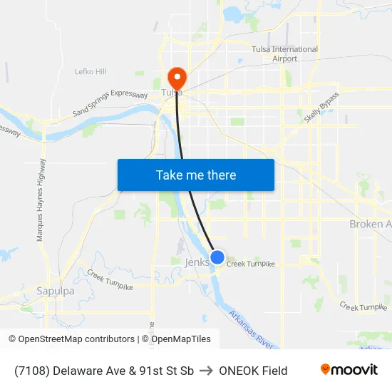 (7108) Delaware Ave & 91st St Sb to ONEOK Field map