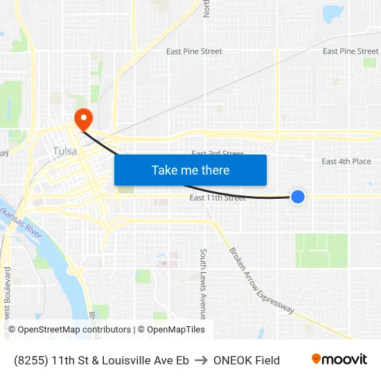 (8255) 11th St & Louisville Ave Eb to ONEOK Field map