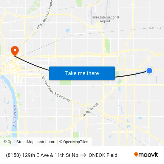 (8158) 129th E Ave & 11th St Nb to ONEOK Field map