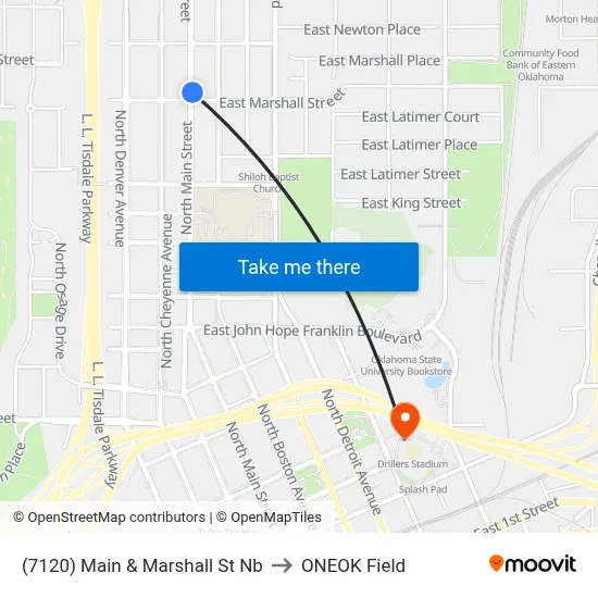 (7120) Main & Marshall St Nb to ONEOK Field map
