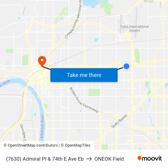 (7630) Admiral Pl & 74th E Ave Eb to ONEOK Field map