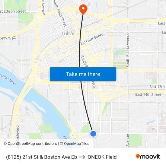 (8125) 21st St & Boston Ave Eb to ONEOK Field map
