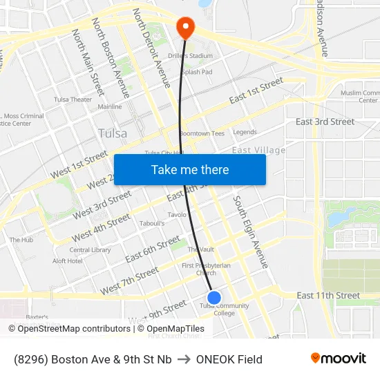 (8296) Boston Ave & 9th St Nb to ONEOK Field map