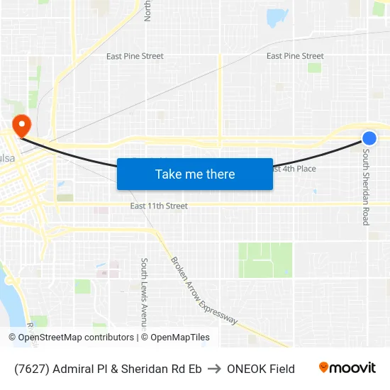 (7627) Admiral Pl & Sheridan Rd Eb to ONEOK Field map