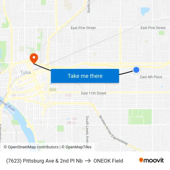 (7623) Pittsburg Ave & 2nd Pl Nb to ONEOK Field map