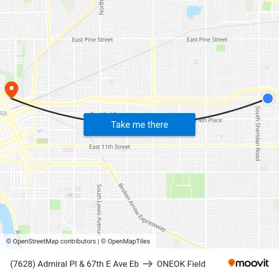 (7628) Admiral Pl & 67th E Ave Eb to ONEOK Field map