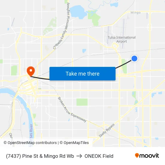 (7437) Pine St & Mingo Rd Wb to ONEOK Field map