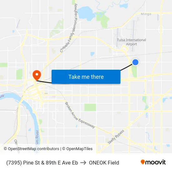 (7395) Pine St & 89th E Ave Eb to ONEOK Field map