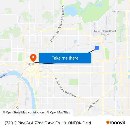 (7391) Pine St & 72nd E Ave Eb to ONEOK Field map