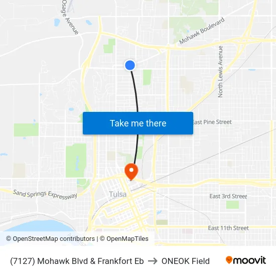 (7127) Mohawk Blvd & Frankfort Eb to ONEOK Field map