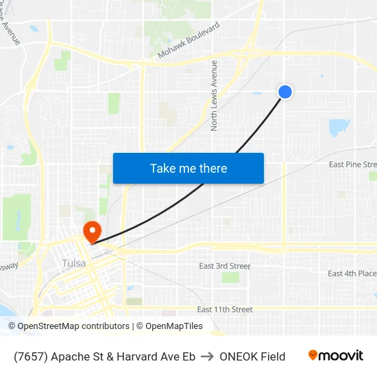 (7657) Apache St & Harvard Ave Eb to ONEOK Field map