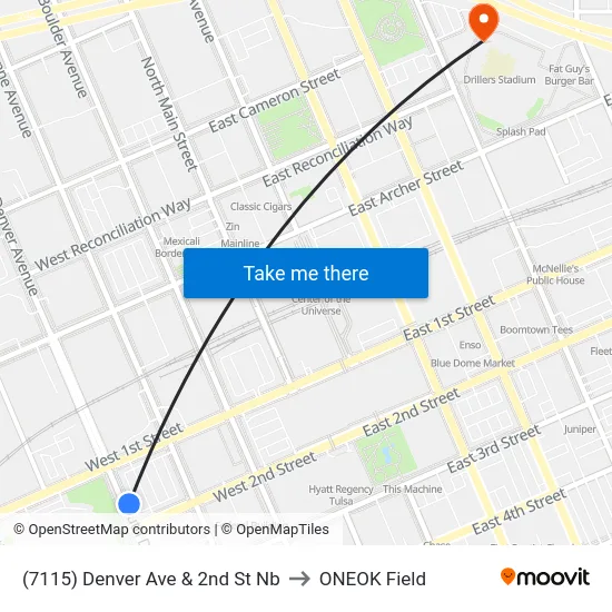 (7115) Denver Ave & 2nd St Nb to ONEOK Field map