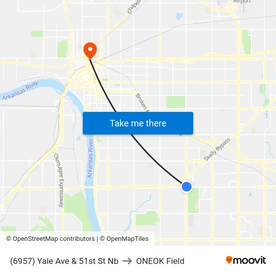 (6957) Yale Ave & 51st St Nb to ONEOK Field map