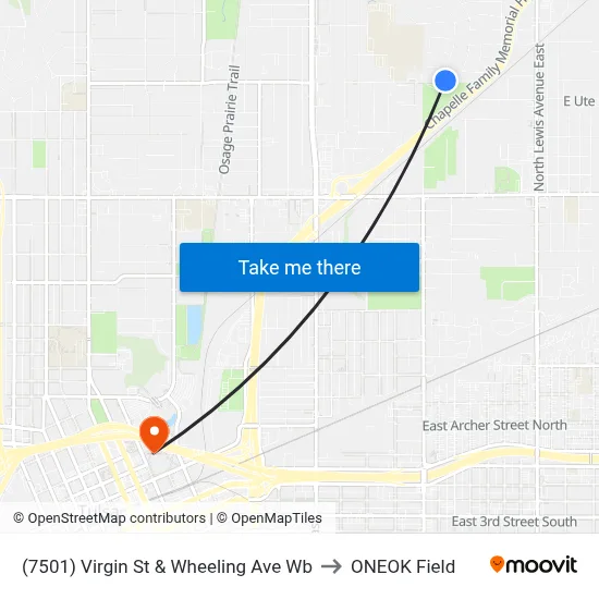 (7501) Virgin St & Wheeling Ave Wb to ONEOK Field map