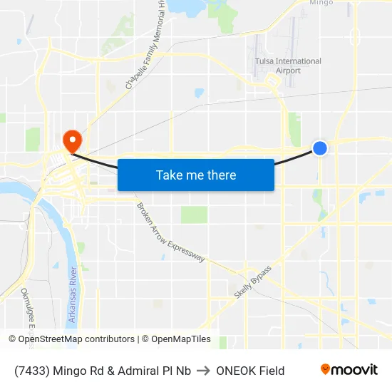 (7433) Mingo Rd &  Admiral Pl Nb to ONEOK Field map