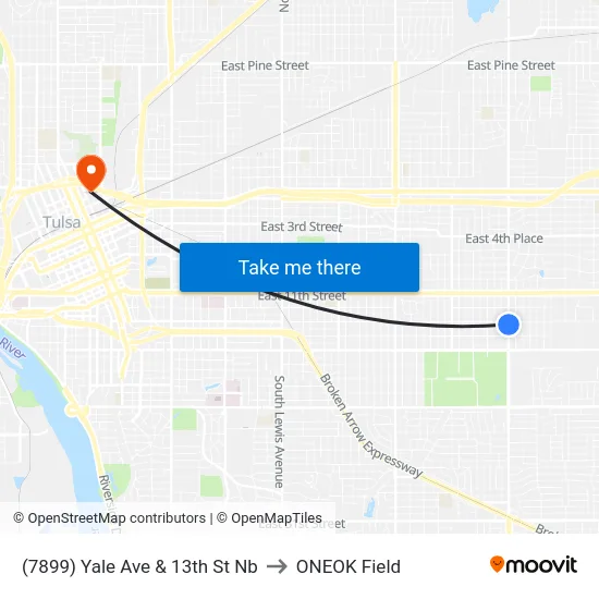 (7899) Yale Ave & 13th St Nb to ONEOK Field map