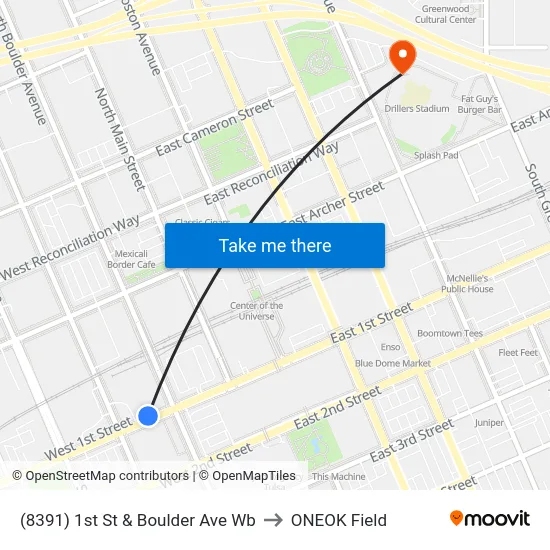 (8391) 1st St & Boulder Ave Wb to ONEOK Field map