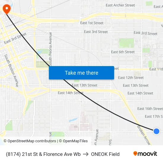 (8174) 21st St & Florence Ave Wb to ONEOK Field map