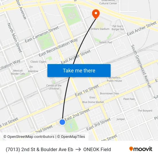 (7013) 2nd St & Boulder Ave Eb to ONEOK Field map