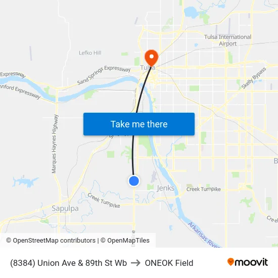 (8384) Union Ave & 89th St Wb to ONEOK Field map