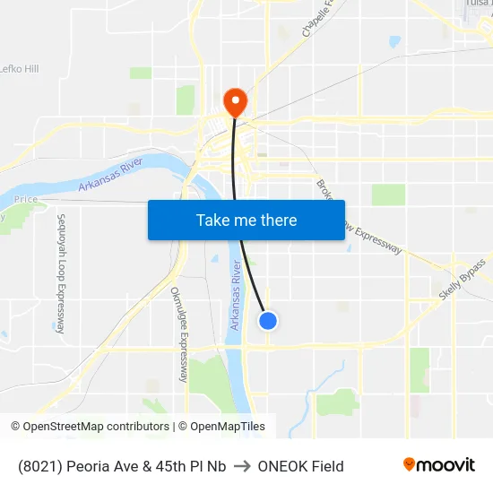(8021) Peoria Ave & 45th Pl Nb to ONEOK Field map