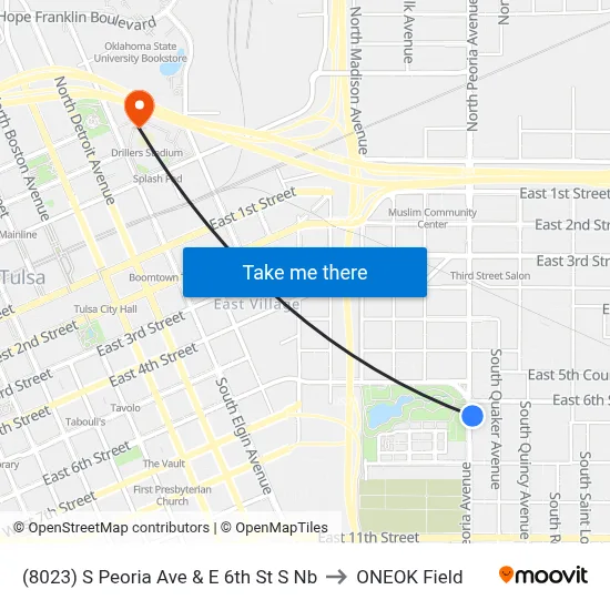 (8023) S Peoria Ave & E 6th St S Nb to ONEOK Field map