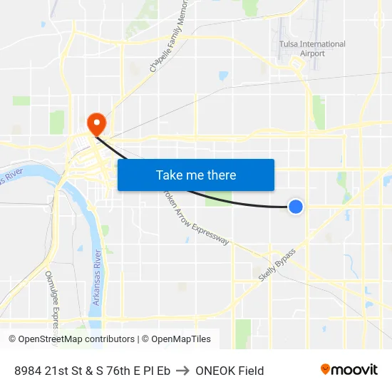 8984 21st St & S 76th E Pl Eb to ONEOK Field map