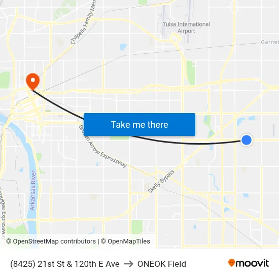(8425) 21st St & 120th E Ave to ONEOK Field map