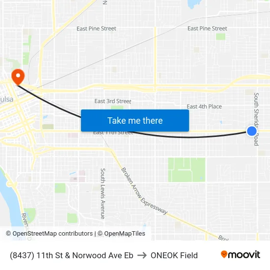 (8437) 11th St & Norwood Ave Eb to ONEOK Field map