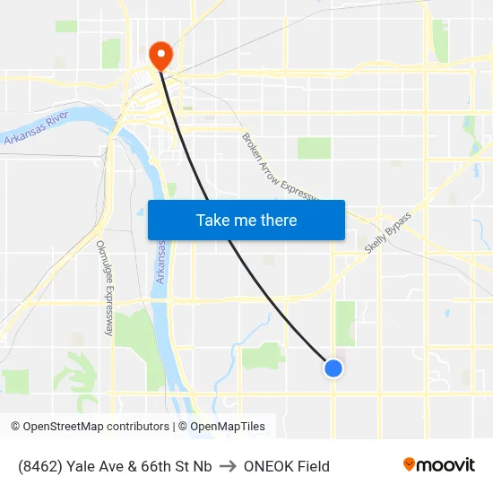 (8462) Yale Ave & 66th St Nb to ONEOK Field map