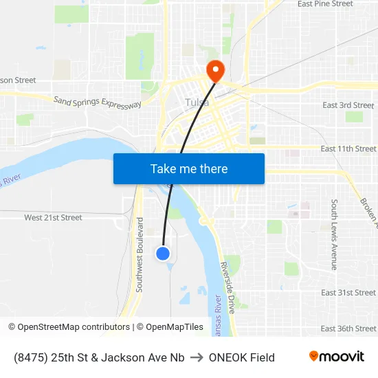 (8475) 25th St &  Jackson Ave Nb to ONEOK Field map