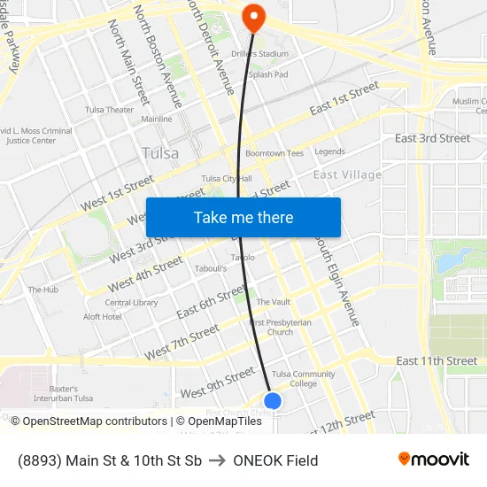 (8893) Main St & 10th St Sb to ONEOK Field map