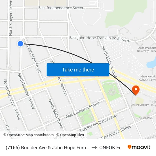 (7166) Boulder Ave & John Hope Franklin to ONEOK Field map