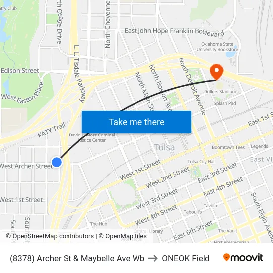 (8378) Archer St & Maybelle Ave Wb to ONEOK Field map