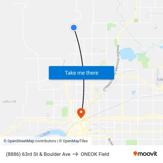 (8886) 63rd St & Boulder Ave to ONEOK Field map
