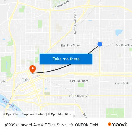 (8939) Harvard Ave &  E Pine St Nb to ONEOK Field map