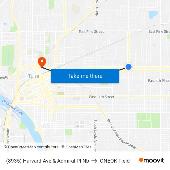 (8935) Harvard Ave & Admiral Pl Nb to ONEOK Field map