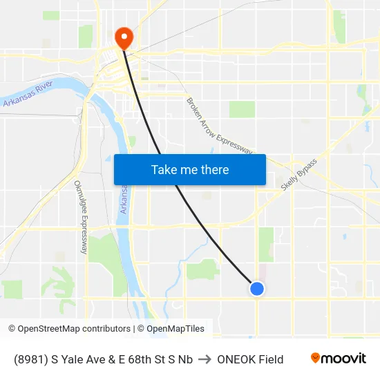 (8981) S Yale Ave & E 68th St S Nb to ONEOK Field map