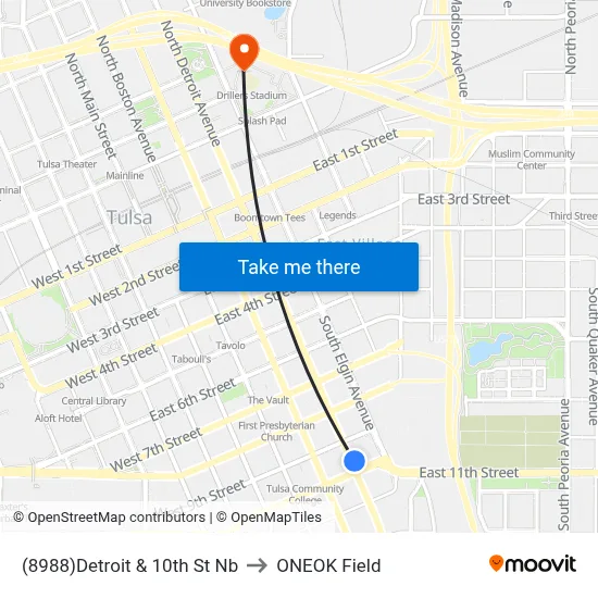 (8988)Detroit & 10th St Nb to ONEOK Field map