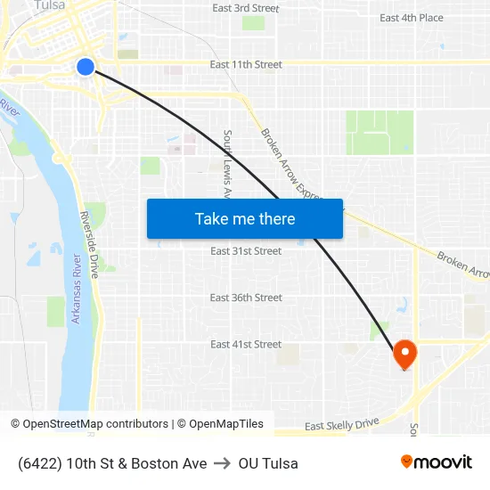 (6422) 10th St & Boston Ave to OU Tulsa map