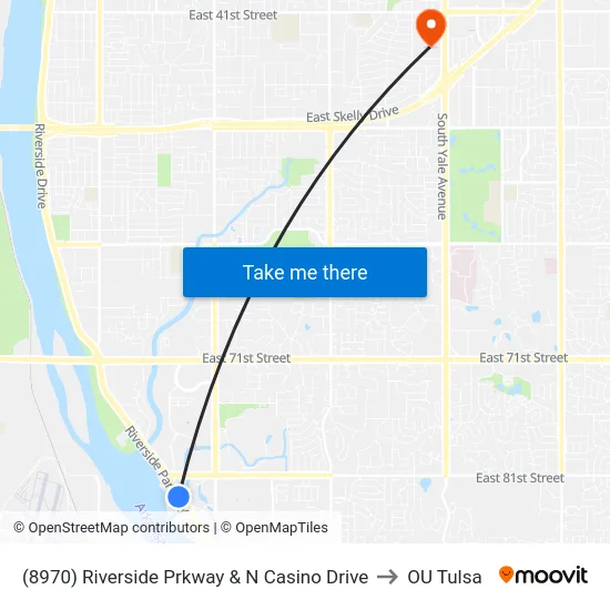 (8970) Riverside Prkway & N Casino Drive to OU Tulsa map