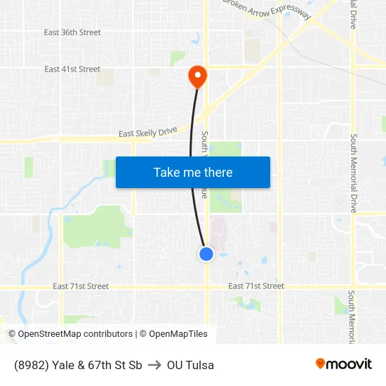 (8982) Yale & 67th St Sb to OU Tulsa map