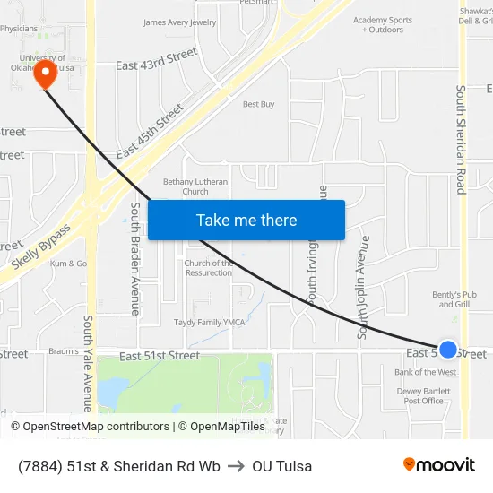 (7884) 51st & Sheridan Rd Wb to OU Tulsa map
