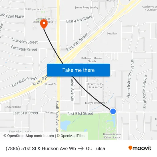 (7886) 51st St & Hudson Ave Wb to OU Tulsa map