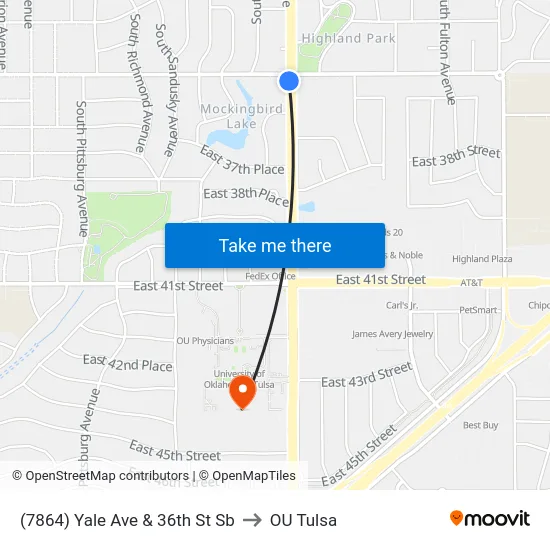 (7864) Yale Ave & 36th St Sb to OU Tulsa map
