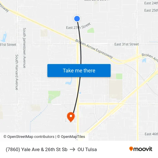 (7860) Yale Ave & 26th St Sb to OU Tulsa map